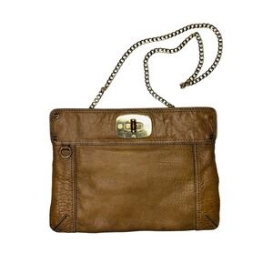 MILLY Brown Leather Clutch Crossbody Chain Bag Gold Handbag Purse Vtg Glam